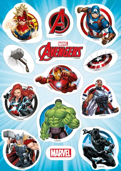 Obdélníkový jedlý papír k výřezu – Avengers, velká sestava hrdinů a znaky (modrá, červená, zelená)