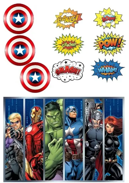 Obdélníkový jedlý papír k výřezu – Avengers, hrdinové, štíty a komiksové zvuky (červená, modrá, žlutá)