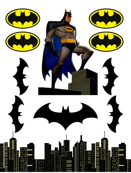 Obdélníkový jedlý papír k výřezu – Batman, noha na schodu, silueta města a loga (černá, žlutá, šedá)