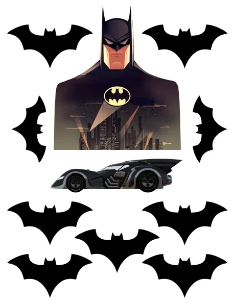 Obdélníkový jedlý papír k výřezu – Batman, noční Gotham, Batmobil a siluety (černá, žlutá, šedá)