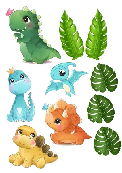 Obdélníkový jedlý papír k výřezu – Dinosauři, akvarelová mláďata s korunkou (zelená, žlutá, modrá)
