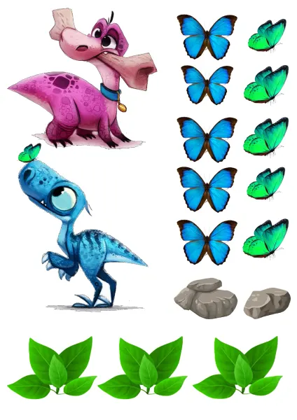 Obdélníkový jedlý papír k výřezu – Dinosauři, růžový a modrý s motýlky (modrá, růžová, zelená)