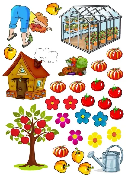 Obdélníkový jedlý papír k výřezu – Farma, chaloupka, skleník a jabloň (zelená, červená, žlutá)