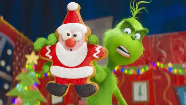 Obdélníkový jedlý obrázek na dort – Grinch, s perníčkem Santy u stromečku (zelená, červená, bílá)