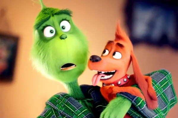 Obdélníkový jedlý obrázek na dort – Grinch, v županu se psem Maxem (zelená, červená, hnědá)