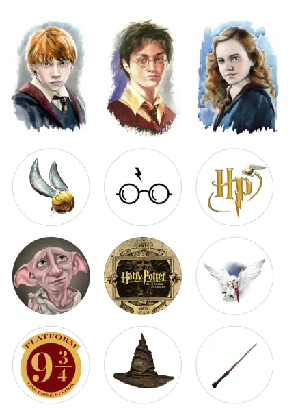 Obdélníkový jedlý papír k výřezu – Harry Potter, akvarelové portréty a medailony (červená, hnědá, zlatá)