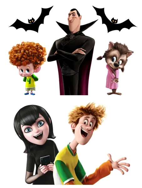Obdélníkový jedlý papír k výřezu – Hotel Transylvania, Drákula, rodinka a netopýři (černá, fialová, žlutá)
