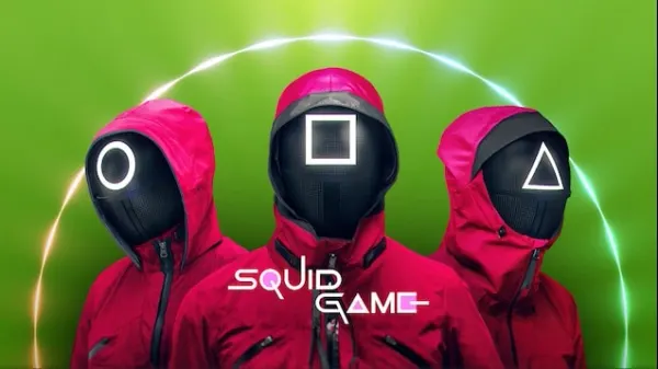 Obdélníkový jedlý obrázek na dort – Squid Game, strážci a zelené pozadí (červená, zelená, černá)