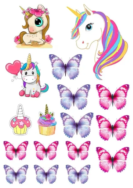 Obdélníkový jedlý papír k výřezu – Jednorožec, tři poníci, cupcaky a motýlci (růžová, fialová, bílá)