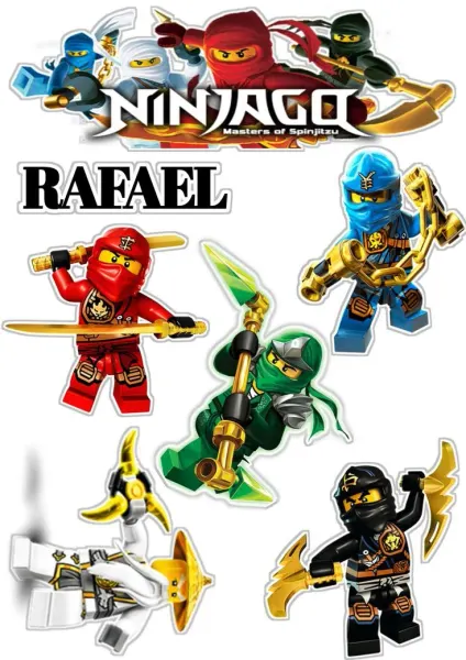 Obdélníkový jedlý papír k výřezu – LEGO Ninjago, pětice akčních figurek s logem (červená, modrá, zelená)