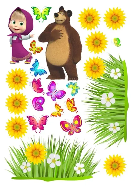 Obdélníkový jedlý papír k výřezu – Máša a medvěd, Se slunečnicemi a motýly (zelená, žlutá, hnědá)
