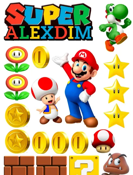 Obdélníkový jedlý papír k výřezu – Super Mario, Mario, Yoshi, Toad a Goomba (červená, modrá, žlutá)