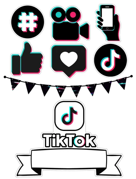 Obdélníkový jedlý papír k výřezu – TikTok, neonové ikony, ruka s mobilem (černá, tyrkysová, růžová)