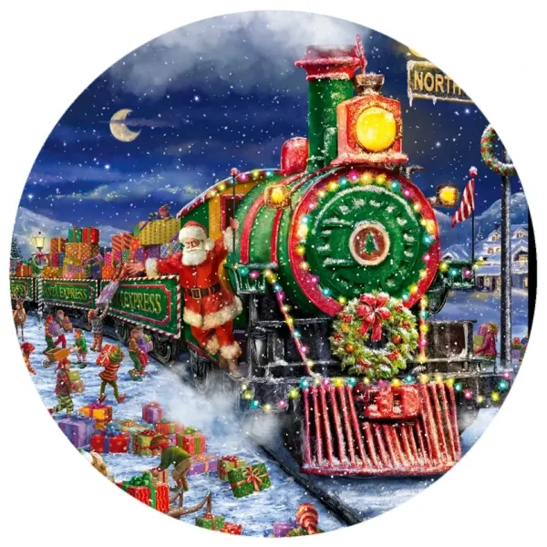 Kulatý jedlý obrázek na dort – Vánoční motiv, Santa Express se skřítky (červená, zelená, modrá)