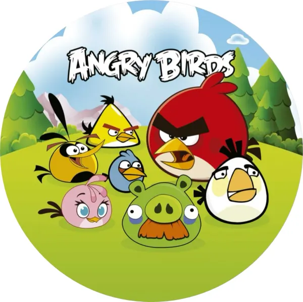 Kulatý jedlý obrázek na dort – Angry Birds, celá parta s prasátkem na louce (zelená, červená, žlutá)