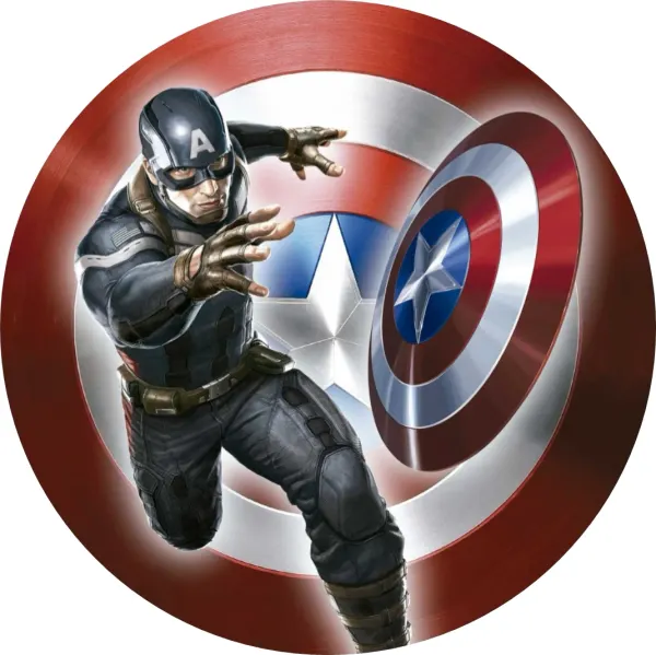 Kulatý jedlý obrázek na dort – Avengers, Kapitán Amerika vrhající štít (modrá, červená, stříbrná)