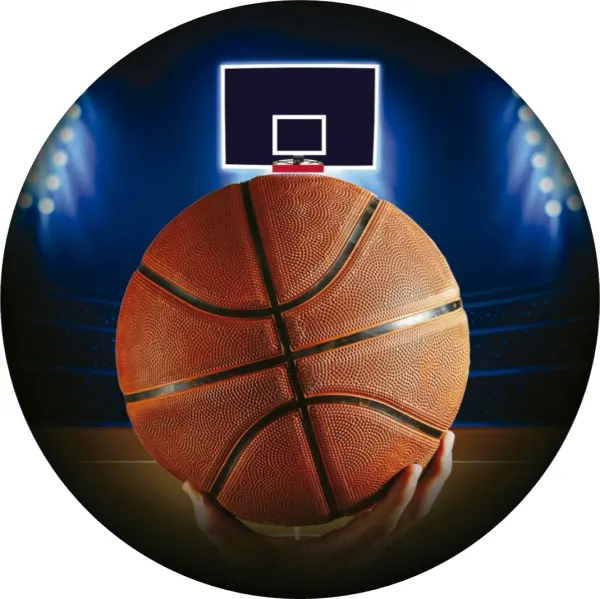 Kulatý jedlý obrázek na dort – Basketbal, míč v rukou a modrá aréna (žlutá, modrá, černá)