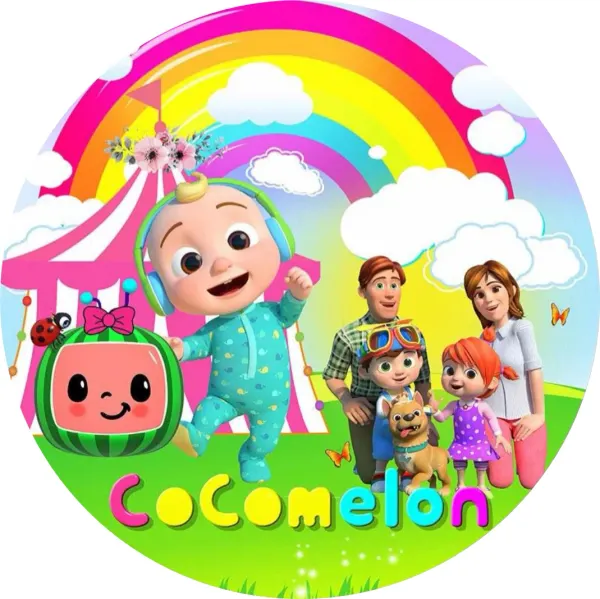 Kulatý jedlý obrázek na dort – CoComelon, JJ se sluchátky, duha a stan (růžová, zelená, modrá)