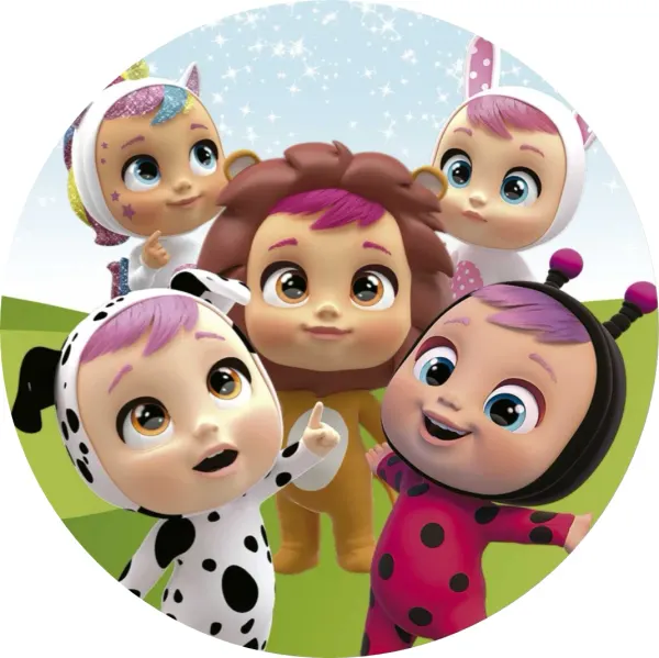 Kulatý jedlý obrázek na dort – Cry Babies, Pět panenek na zelené louce (růžová, modrá, bílá)