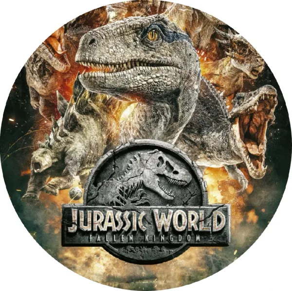 Kulatý jedlý obrázek na dort – Dinosaur, Velociraptor a plameny v dýmu (hnědá, šedá, červená)