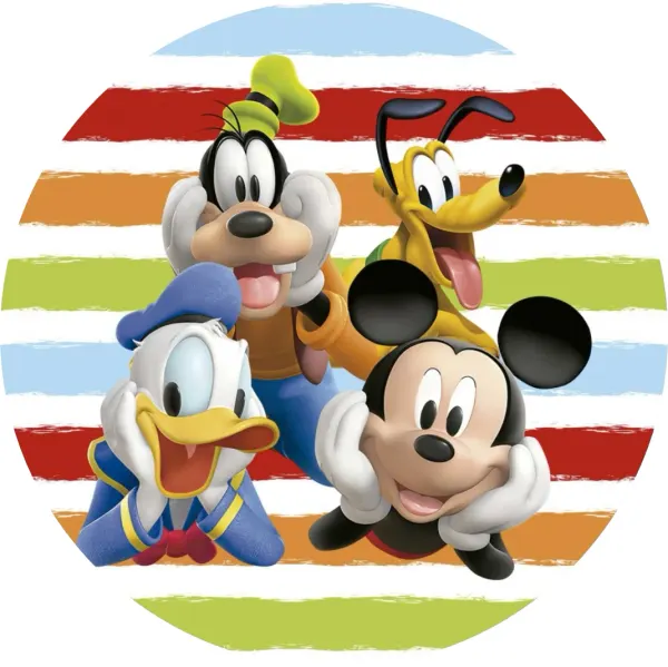 Kulatý jedlý obrázek na dort – Disney partička (žlutá, červená, modrá)