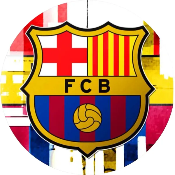 Kulatý jedlý obrázek na dort – FC Barcelona, znak na dynamickém pozadí (žlutá, modrá, červená)