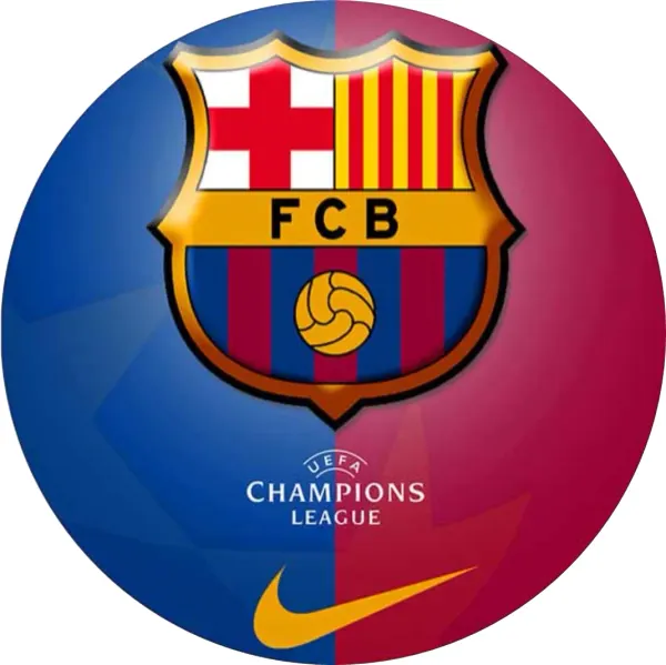 Kulatý jedlý obrázek na dort – FC Barcelona, znak a logo Champions League (modrá, červená, žlutá)