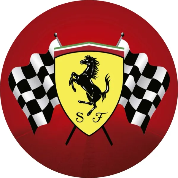 Kulatý jedlý obrázek na dort – Ferrari, znak SF se zkříženými vlajkami (červená, žlutá, černá)