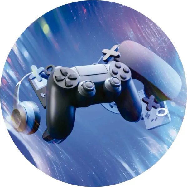 Kulatý jedlý obrázek na dort – Gamer, 3D ovladač, sluchátka a konzole (modrá, černá, fialová)