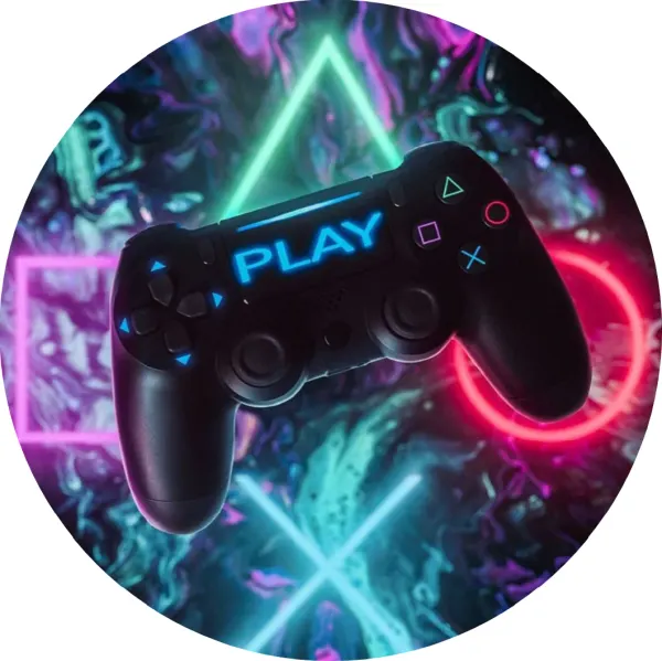 Kulatý jedlý obrázek na dort – Gamer, ovladač Play a neonové symboly (modrá, fialová, černá)