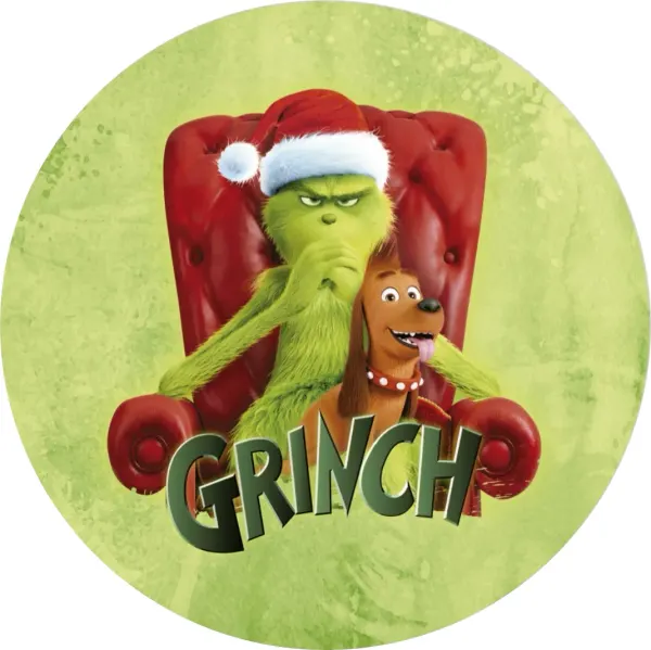 Kulatý jedlý obrázek na dort – Grinch, v křesle s pejskem Maxem a nápisem (zelená, červená, hnědá)