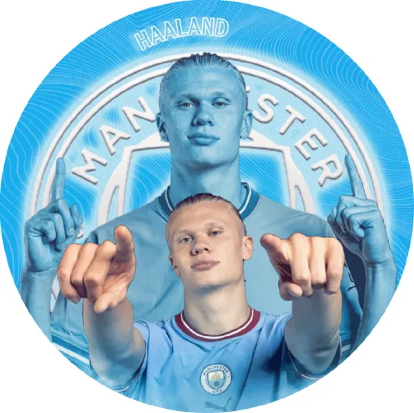 Kulatý jedlý obrázek na dort – Erling Haaland, s erbem Manchesteru (modrá, bílá)