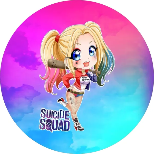 Kulatý jedlý obrázek na dort – Harley Quinn, anime s nápisem Suicide Squad (růžová, tyrkysová, fialová)