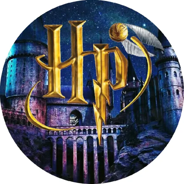 Kulatý jedlý obrázek na dort – Harry Potter, hrad Bradavice a zlatonka (modrá, fialová, zlatá)