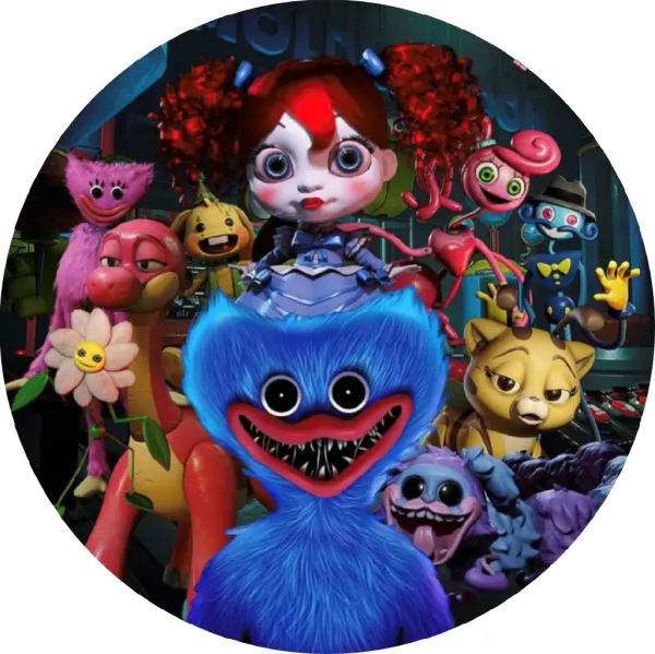 Kulatý jedlý obrázek na dort – Huggy Wuggy, parta hraček z Poppy Playtime (modrá, červená, černá)