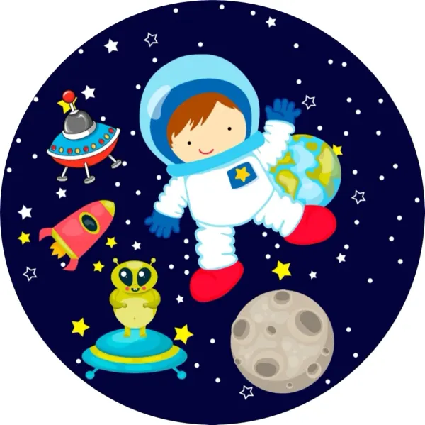 Kulatý jedlý obrázek na dort – Kosmonaut, raketa a zelený mimozemšťan v UFO (modrá, bílá, červená)