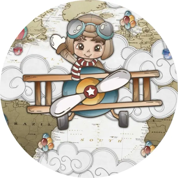 Kulatý jedlý obrázek na dort – Letadlo, malý pilot ve dvouplošníku a mapa (hnědá, modrá, bílá)