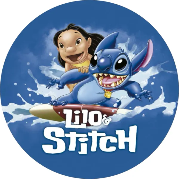 Kulatý jedlý obrázek na dort – Lilo a Stitch, surfování na mořské vlně (modrá, bílá)