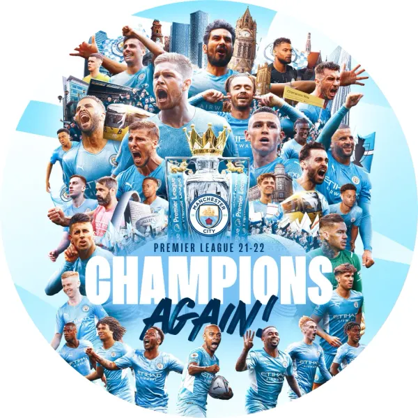 Kulatý jedlý obrázek na dort – Manchester City, trofej a Champions Again (modrá, bílá, šedá)