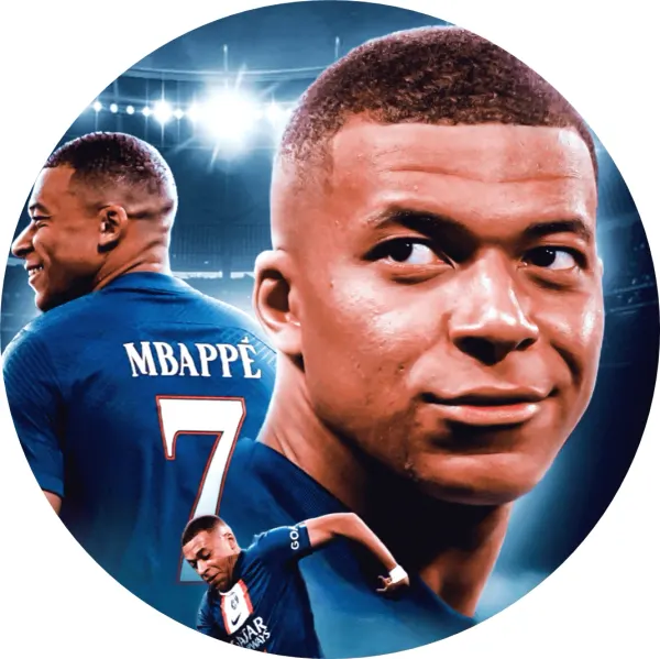 Kulatý jedlý obrázek na dort – Kylian Mbappé, číslo 7 a stadion v noci (modrá, hnědá, bílá)