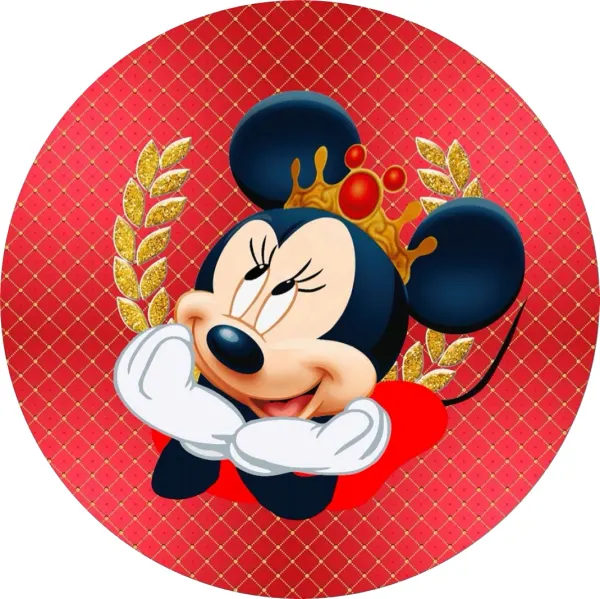 Kulatý jedlý obrázek na dort – Mickey Mouse, zlatá korunka a červené pozadí (červená, zlatá, černá)