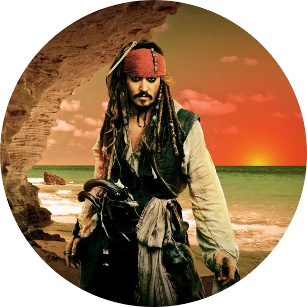Kulatý jedlý obrázek na dort – Piráti z Karibiku, Jack Sparrow při západu (hnědá, žlutá, černá)