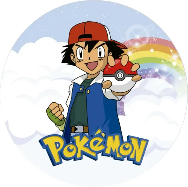 Kulatý jedlý obrázek na dort – Pokemon (modrá, červená, bílá)