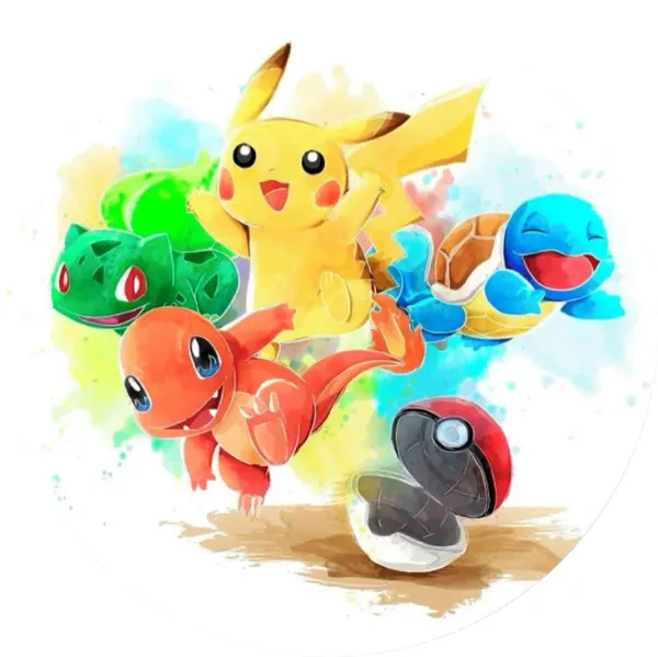 Kulatý jedlý obrázek na dort – Pokémon, Pikachu a startéři v akvarelu (žlutá, zelená, modrá)