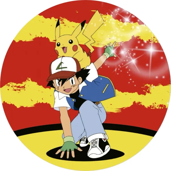 Kulatý jedlý obrázek na dort – Pokémon, Ash v bojové póze a jiskry (červená, žlutá, modrá)