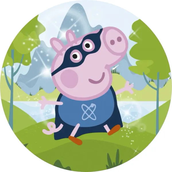 Kulatý jedlý obrázek na dort – Prasátko Peppa, superhrdina s pláštěm (modrá, zelená, růžová)