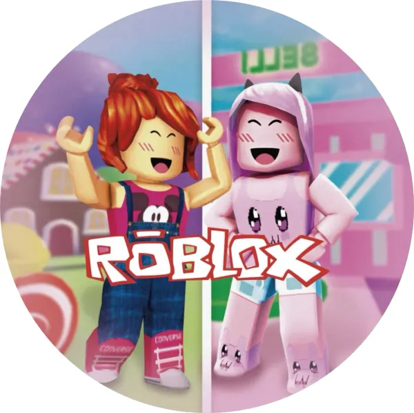 Kulatý jedlý obrázek na dort – Roblox, dívky v cukrovinkovém světě (růžová, fialová, červená)