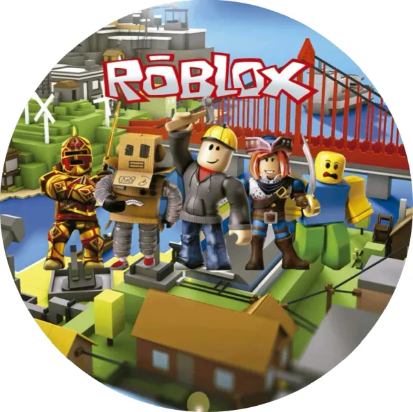 Kulatý jedlý obrázek na dort – Roblox, 5 postaviček a město s mostem (zelená, modrá, červená)