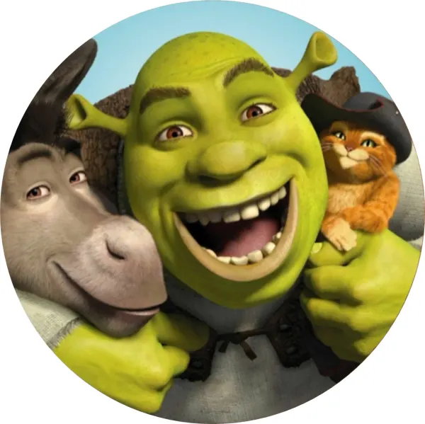 Kulatý jedlý obrázek na dort – Shrek, Shrek s Oslíkem a Kocourem (zelená, modrá, hnědá)