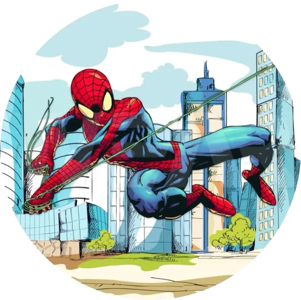 Kulatý jedlý obrázek na dort – Spiderman, houpání mezi prosklenými domy (červená, modrá, bílá)